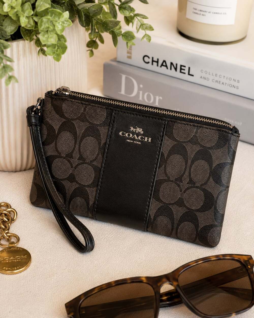 Coach Signature Canvas Corner Zip Wristlet in Charcoal Black